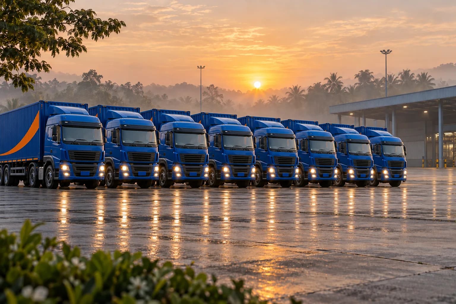 Kranti trucks lined up at a logistics yard at dawn