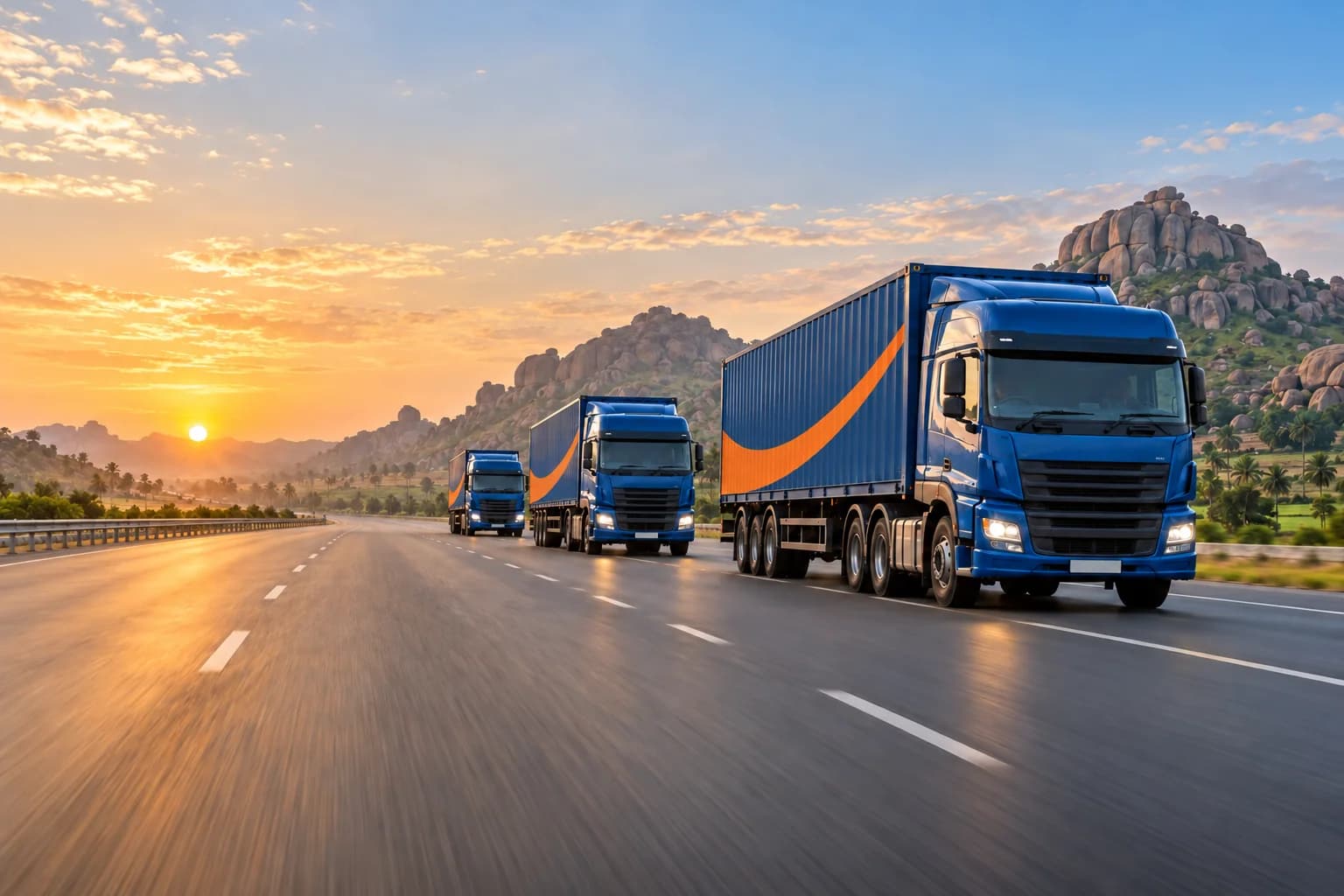 Three Kranti trucks on a Deccan plateau expressway at sunrise